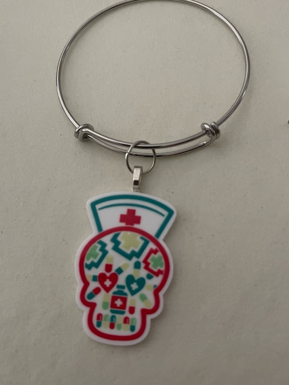 Nurse Skull Charm Bangle Bracelet in Teal, Red, Yellow